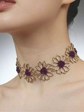 Anthropologie Gold Floral Choker with Purple Rose Centers